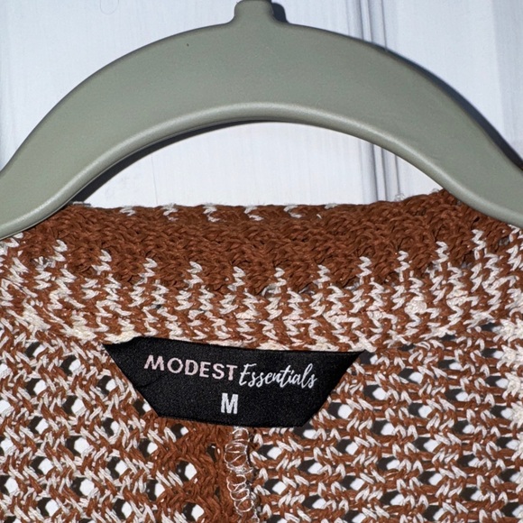 Modest Essentials Crochet Maxi Dress Brown Beige Striped Long Sleeve M - Picture 11 of 12